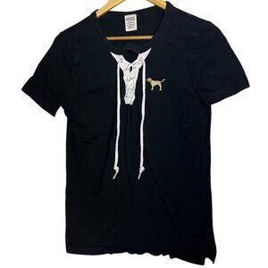 Victoria's Secret Pink Women's XS T-Shirt Black Neck Lacing Dog Logo Love Pink‎